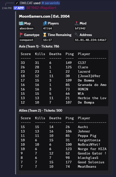 Discord bot server info command output